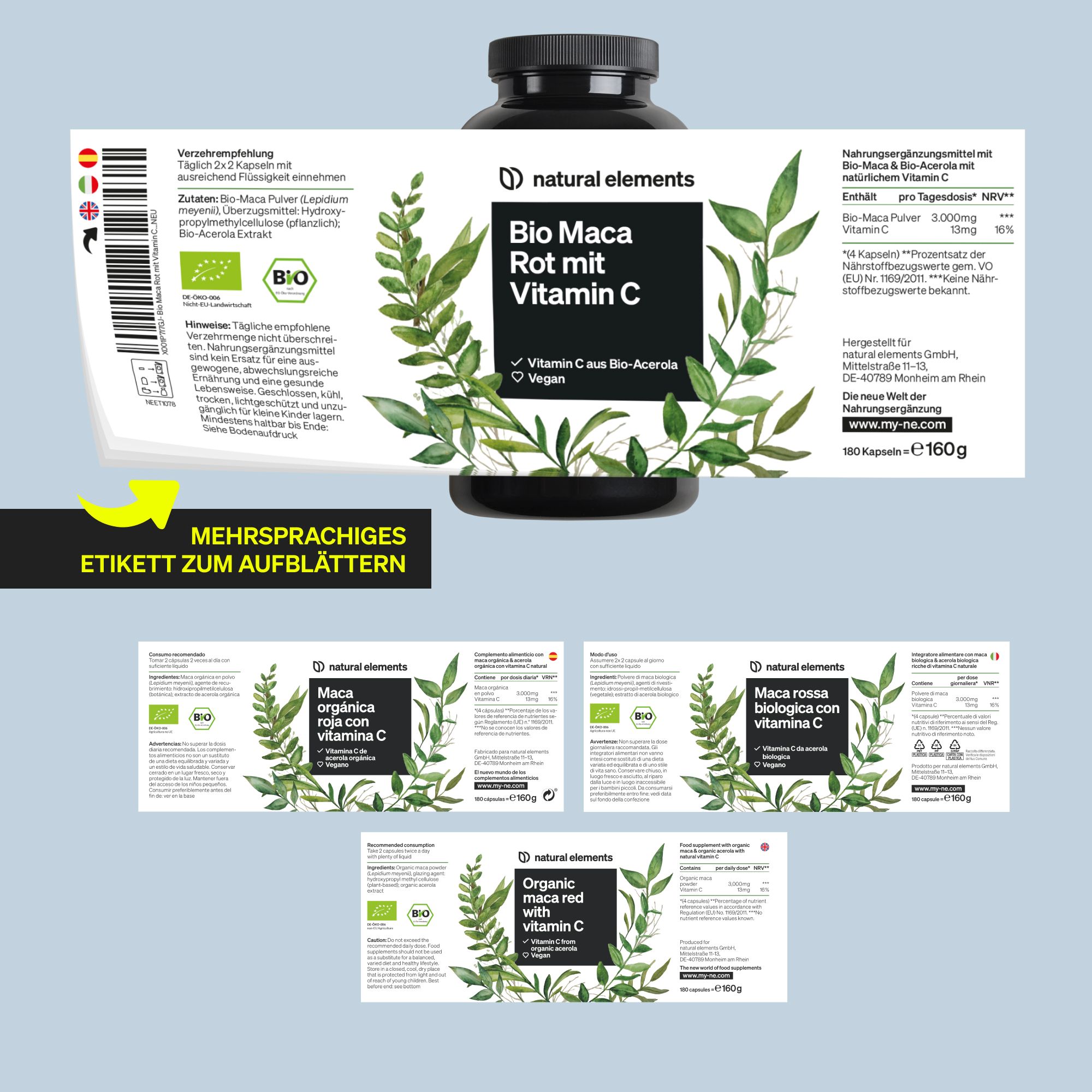 Mehrsprachiges Etikett zum Aufblättern. Flasche mit Etikett: Bio Maca Rot mit Vitamin C. Mehrere Etiketten mit Produktinformationen.