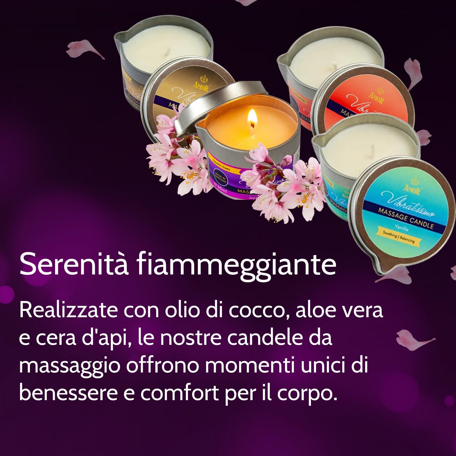 Mehrere Vibratissimo Massagekerzen in Dosen, eine brennt mit Blumen.
