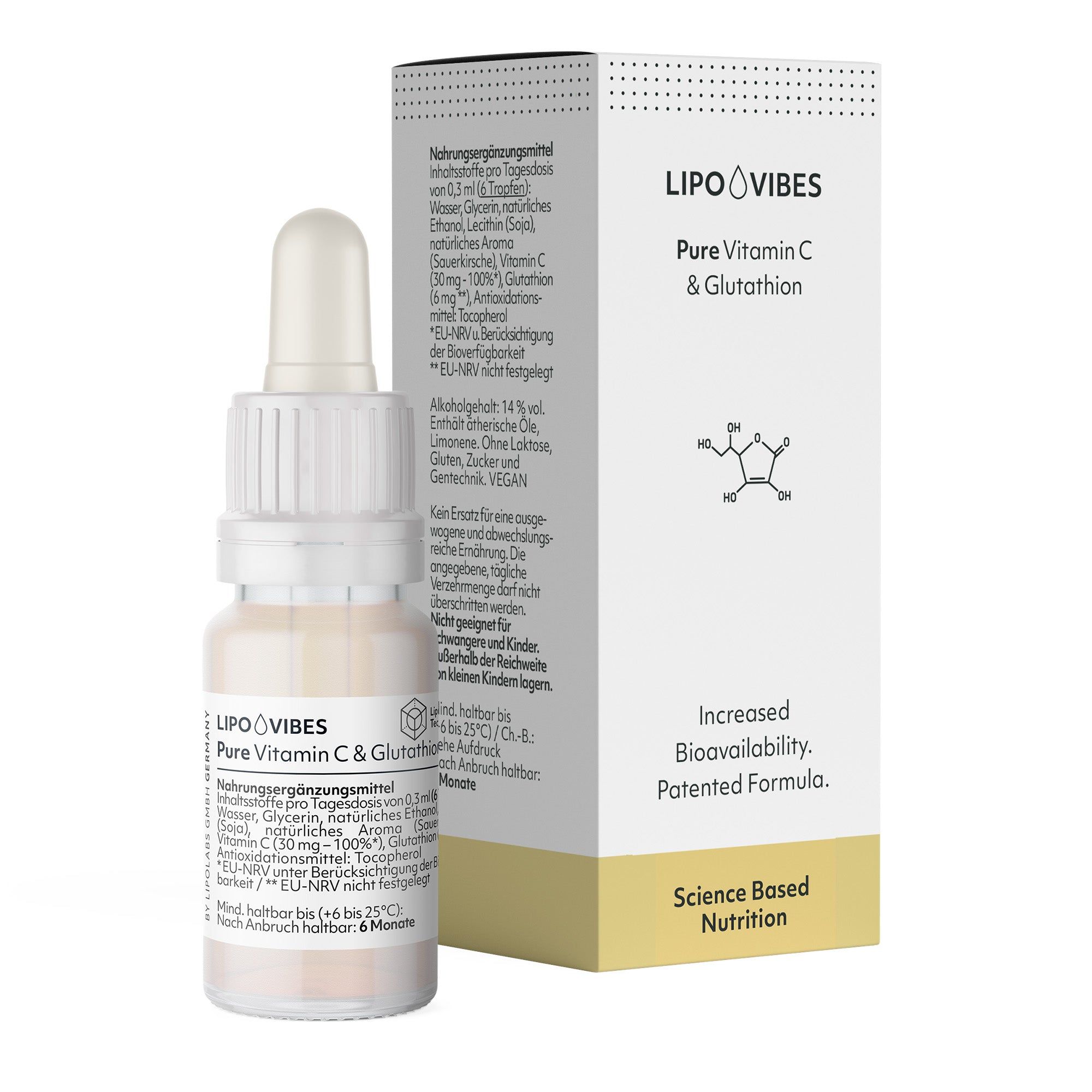 LipoVibes Flasche mit Pipette und Verpackung. Text: Pure Vitamin C & Glutathion, EU-NRV, vegan. Weißes Etikett, gelber Hintergrund.