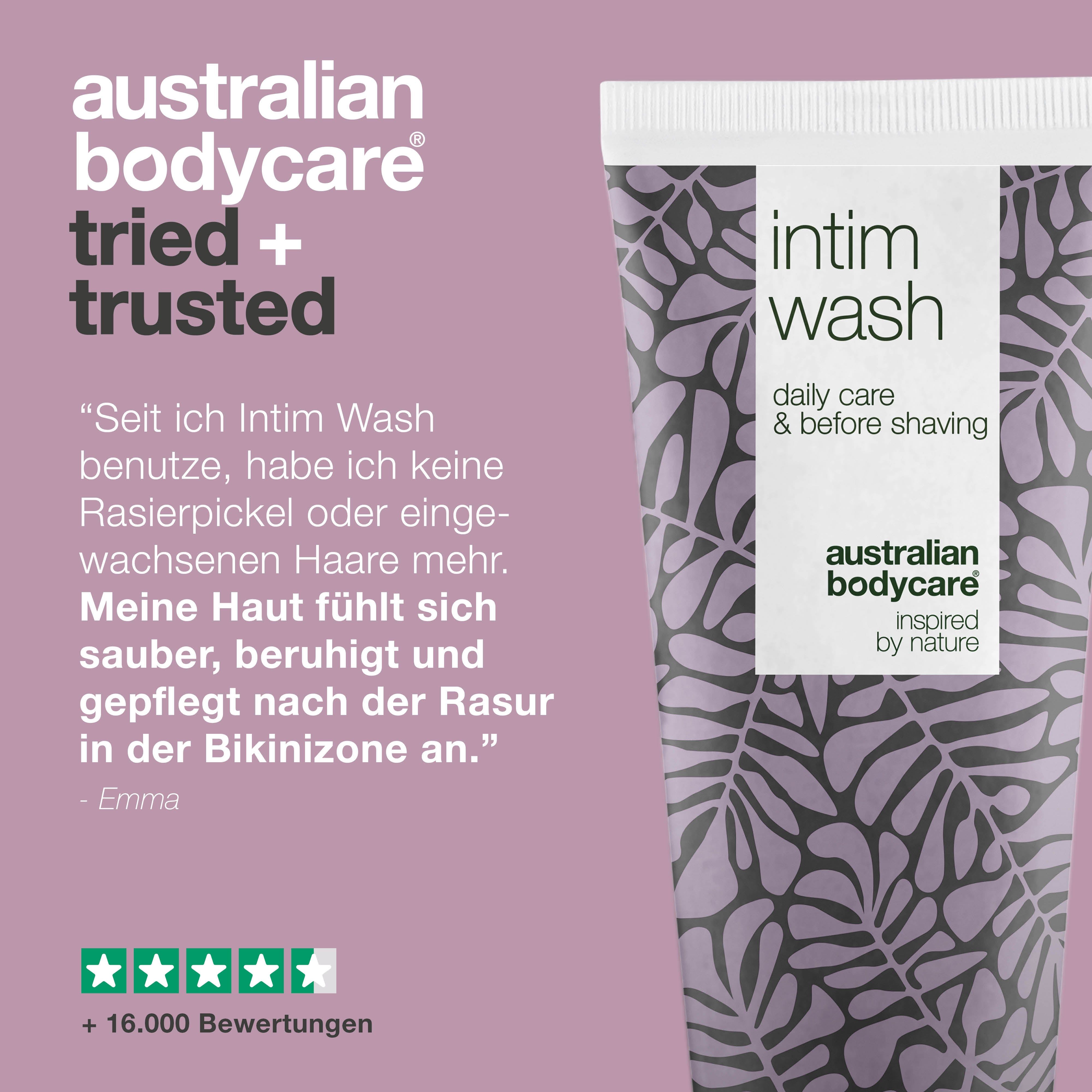 Australian Bodycare, seit 1990. Collage: Personen mit Produkten. Tube Intim Wash, Flaschen, zufriedene Kunden.