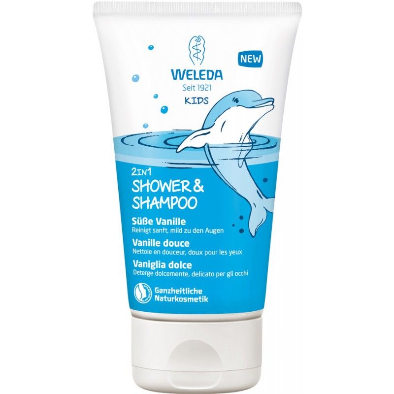 Weleda Kids 2in1 Shower & Shampoo. Weiße Tube mit blauem Etikett. Abbildung eines Delfins. Text: Süße Vanille, Naturkosmetik.