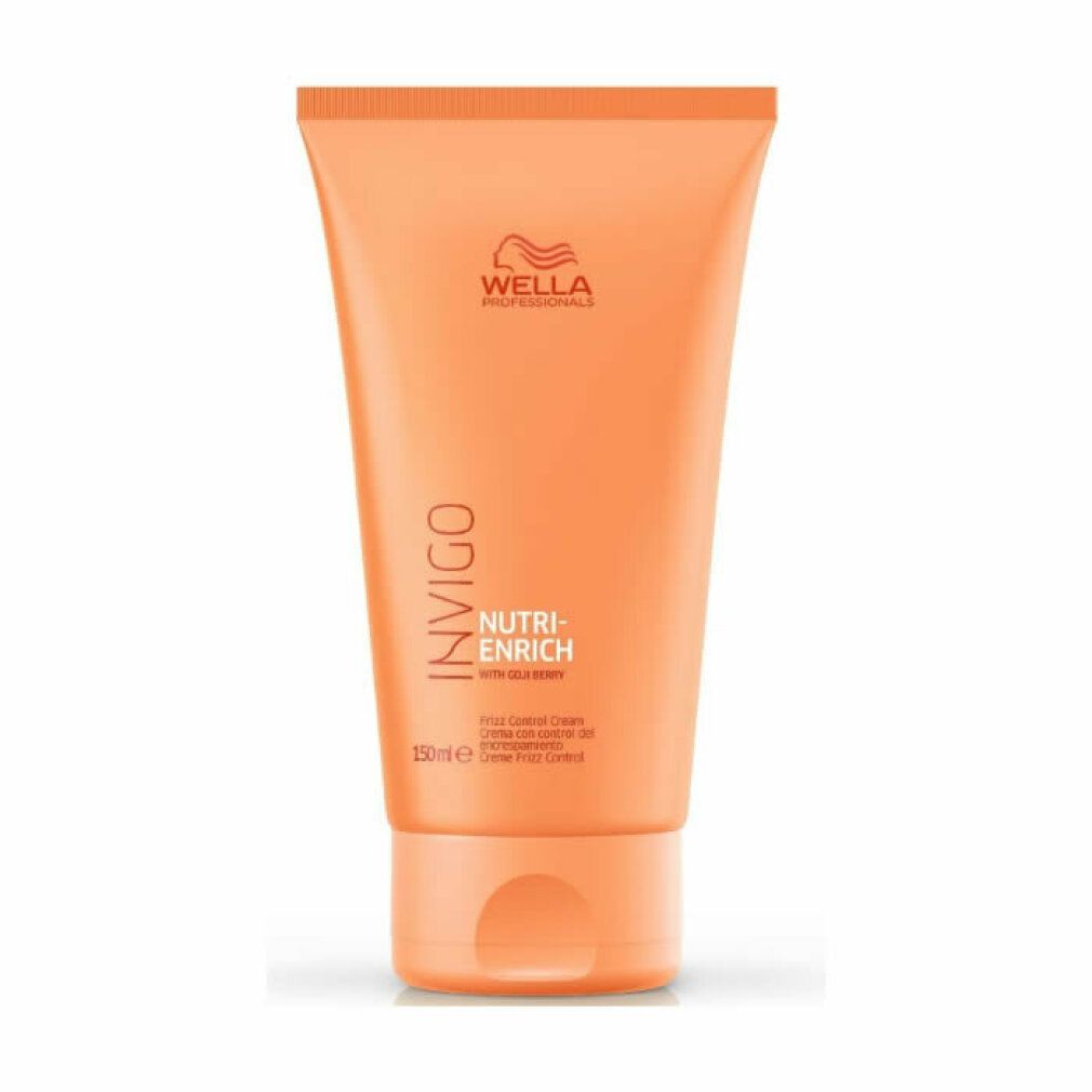 Orangefarbene Creme-Tube. Aufschrift: INVIGO, Nutri-Enrich, Frizz Control Cream. Marke: Wella. Mit Verschlusskappe.