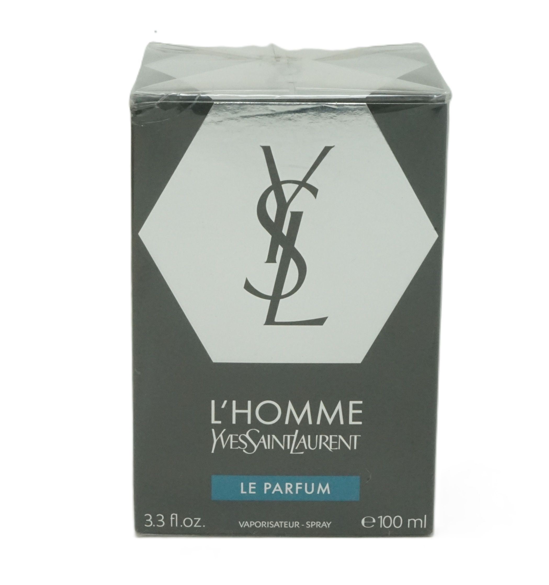Schwarzer Karton mit silbernem Logo. Aufschrift: L'HOMME, Yves Saint Laurent, LE PARFUM. Unten: 3.3 fl.oz. und e 100 ml.