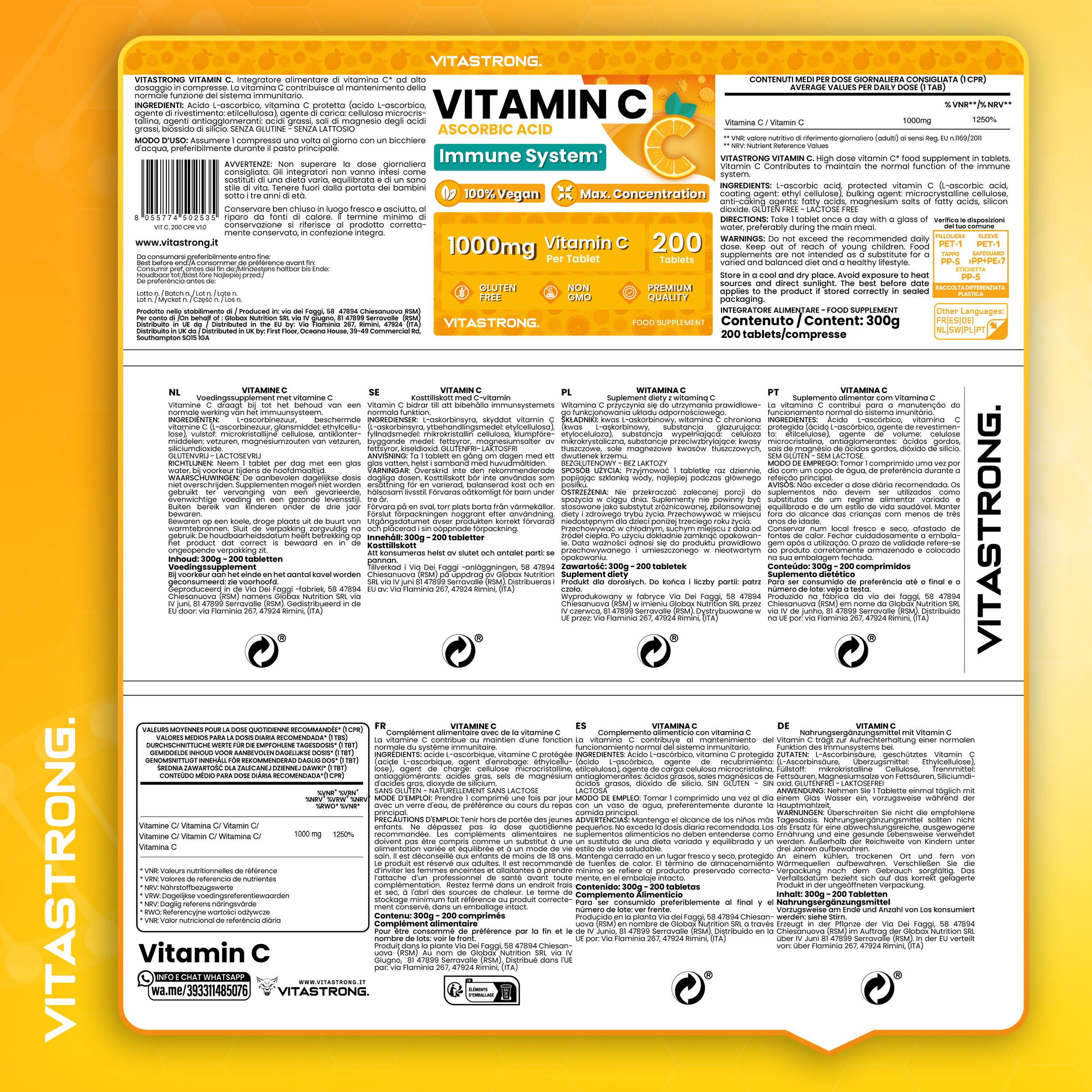 Rückseite der Vitamin C Verpackung. Text in verschiedenen Sprachen. Marke: VITASTORNG. 200 Tabletten, 1000mg Vitamin C.