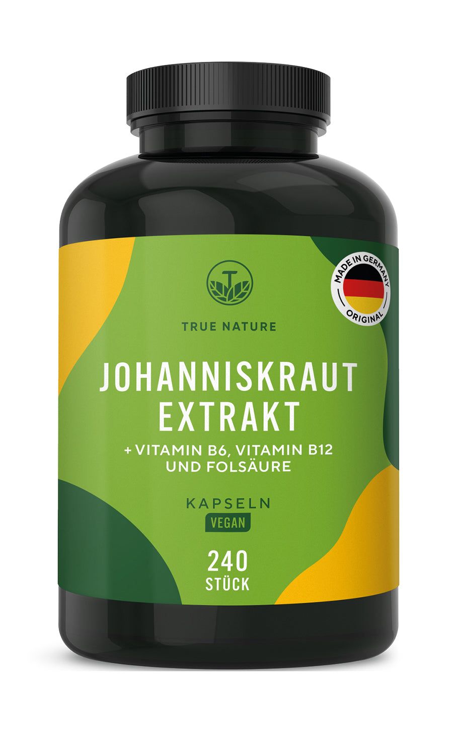 Dunkle Flasche mit Kapseln. Aufschrift: Johanniskraut Extrakt, Vegan, 240 Stück. Siegel: Made in Germany.