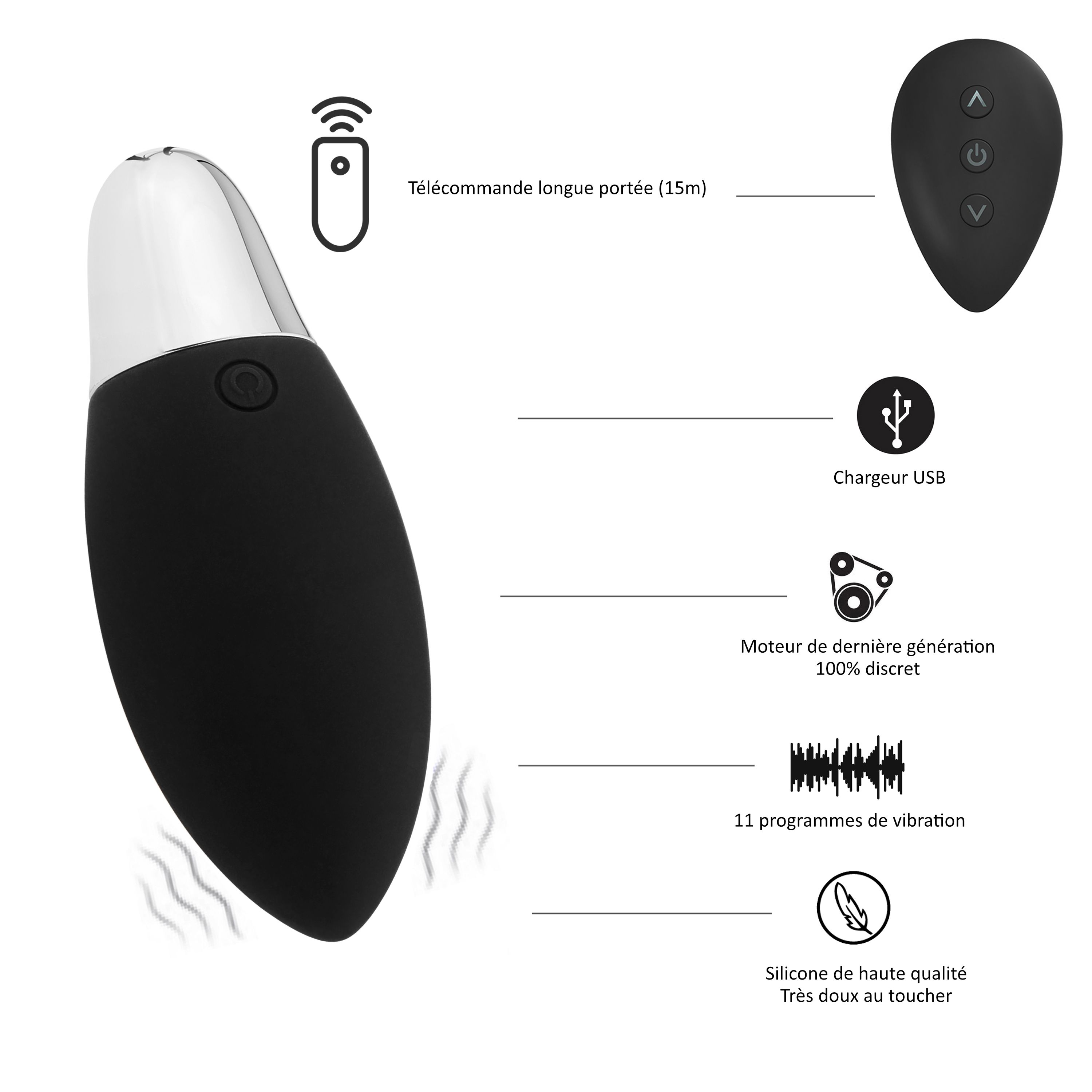 Schwarzer Vibrator mit Fernbedienung, USB-Ladekabel, 11 Vibrationsprogrammen.
