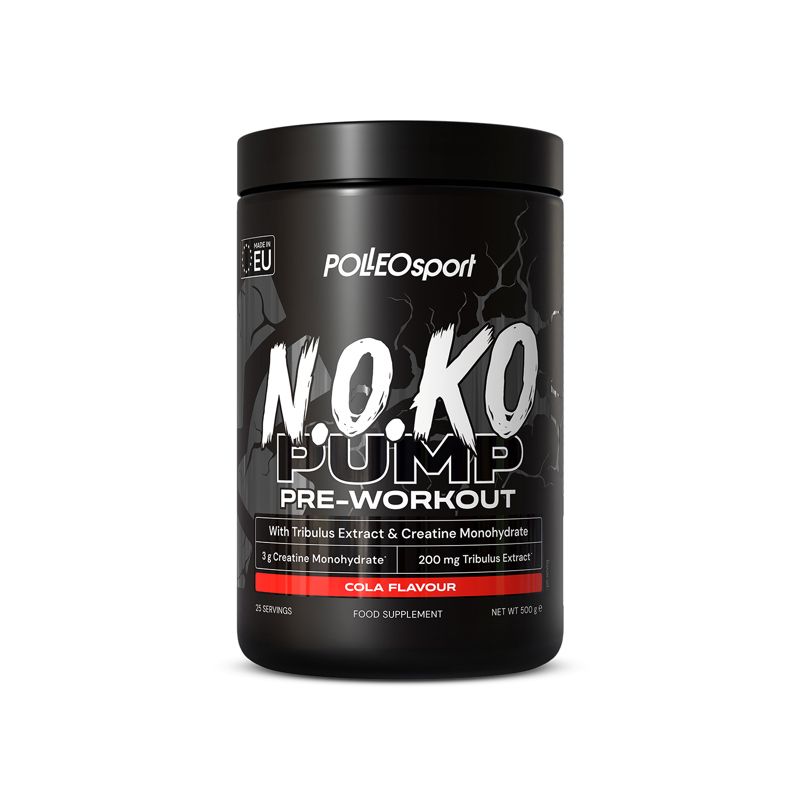 Schwarze Dose mit weißer Aufschrift N.O.KO PUMP PRE-WORKOUT. Enthält Tribulus Extrakt & Creatin Monohydrat. Cola-Geschmack.