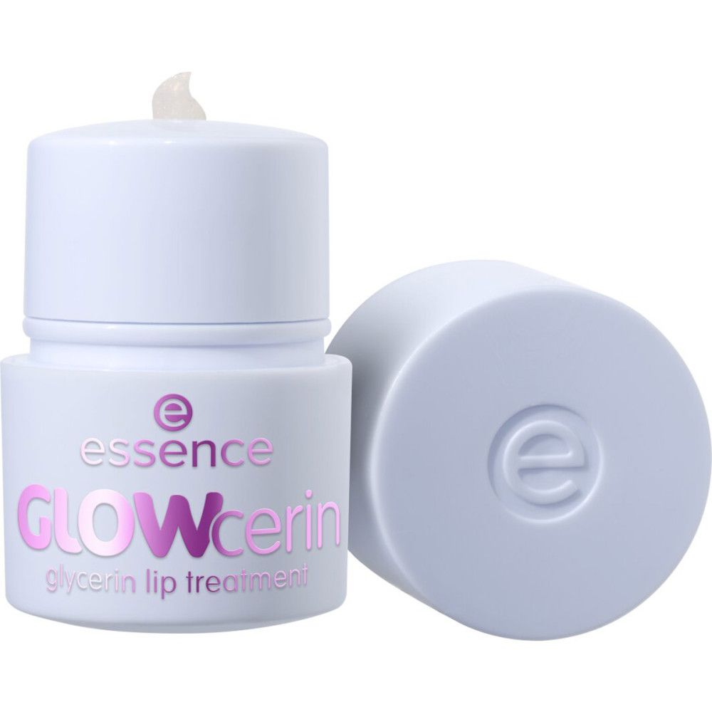 Weißer Behälter, Deckel daneben. Rosa Aufschrift: "essence GLOWcerin glycerin lip treatment".