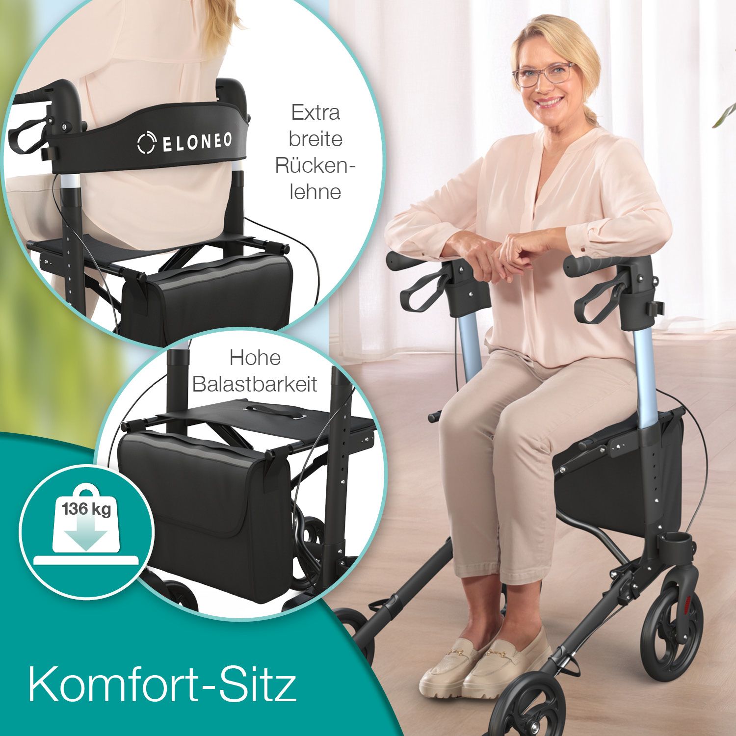 Frau sitzt auf einem ELONEO Rollator. Extra breite Rückenlehne, hohe Belastbarkeit (136 kg). Komfort-Sitz.