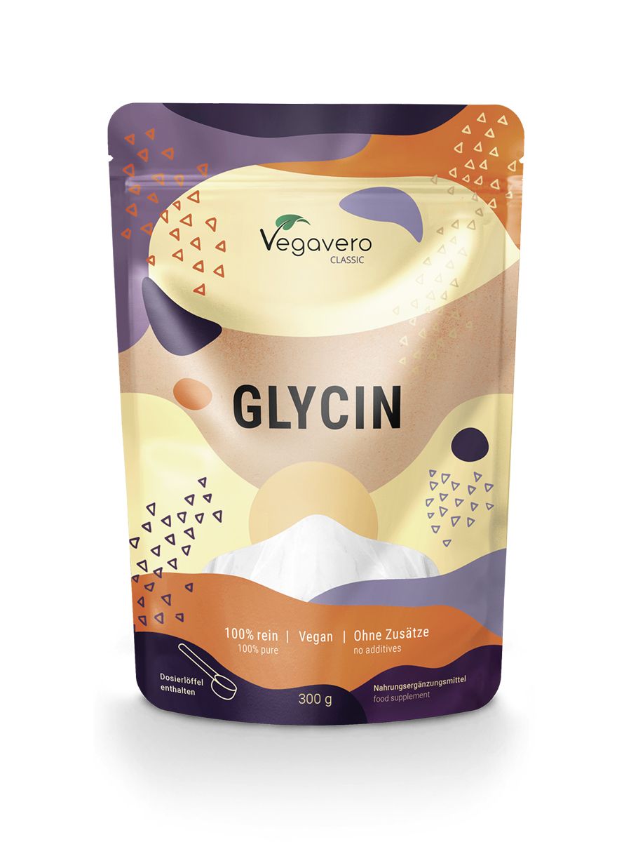 Beutel mit Glycin-Pulver. Aufschrift: Vegavaro, Glycin, 100% rein, vegan, ohne Zusätze. Enthält Messlöffel. 300g.