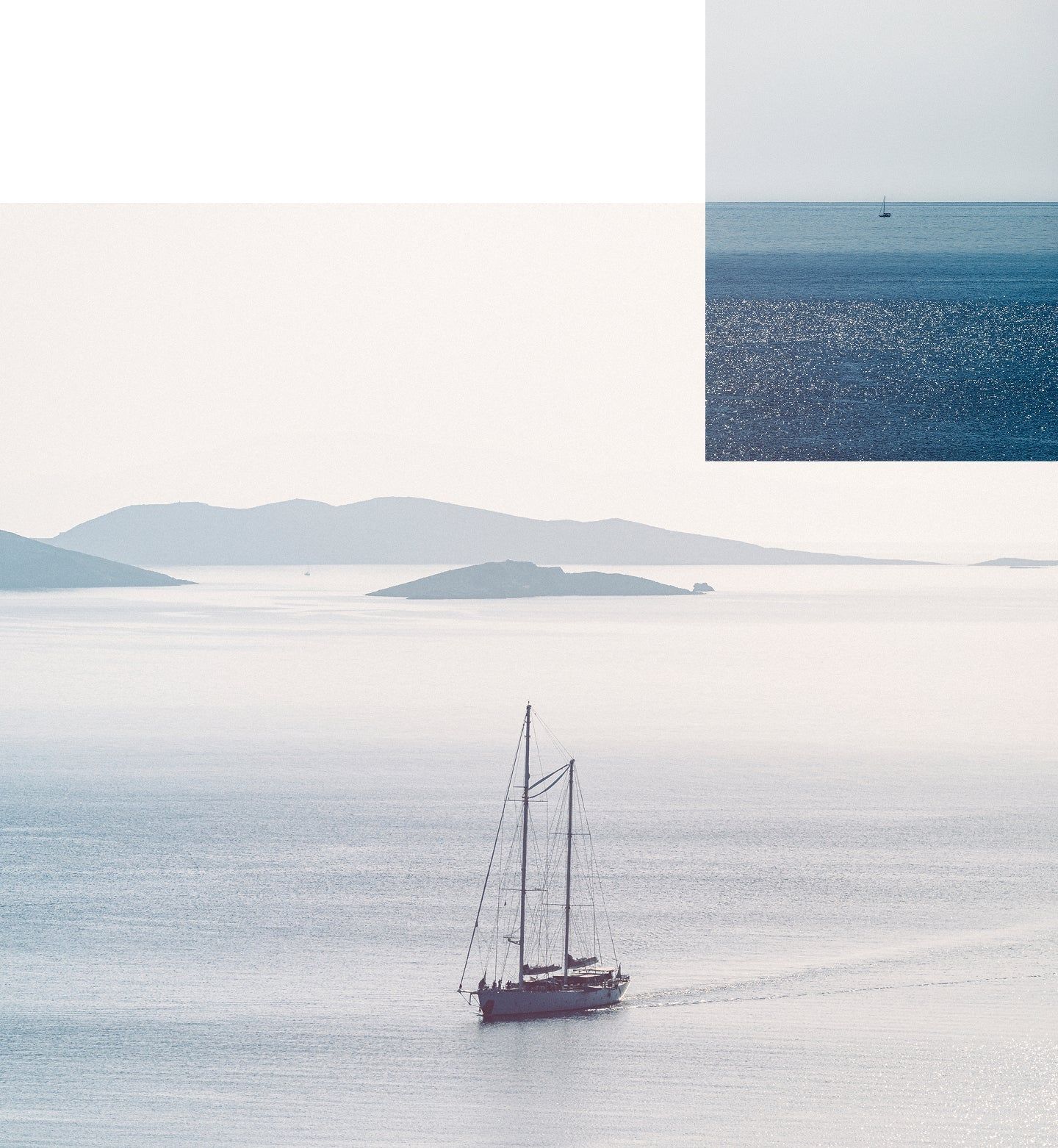 Segelboot auf ruhigem Meer. Im Hintergrund Inseln und Himmel.