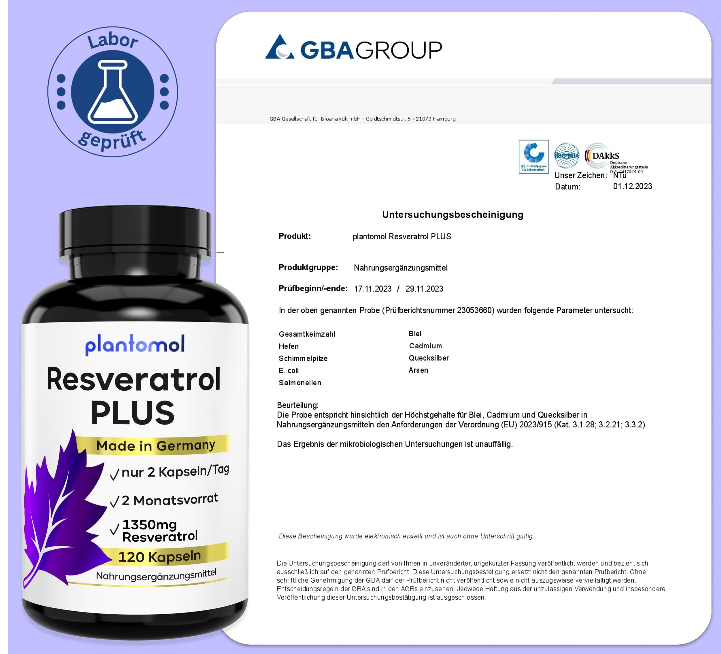 Laborgeprüft. Zertifikat mit plantomol Resveratrol PLUS Flasche. GBA Group.