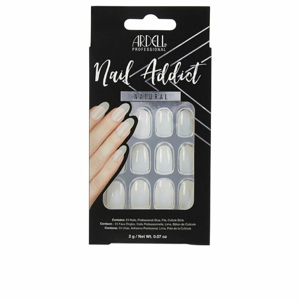 Ardell Nail Addict Natural Oval False Nails. Schwarze Verpackung mit Produktabbildung. 24 künstliche Nägel, Kleber, Nagelfeile.