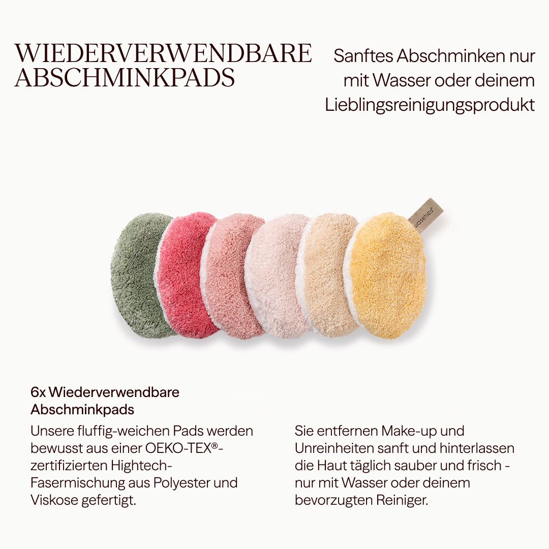 6 wiederverwendbare Abschminkpads in verschiedenen Farben. Text: 6x wiederverwendbare Abschminkpads, OEKO-TEX® zertifiziert.