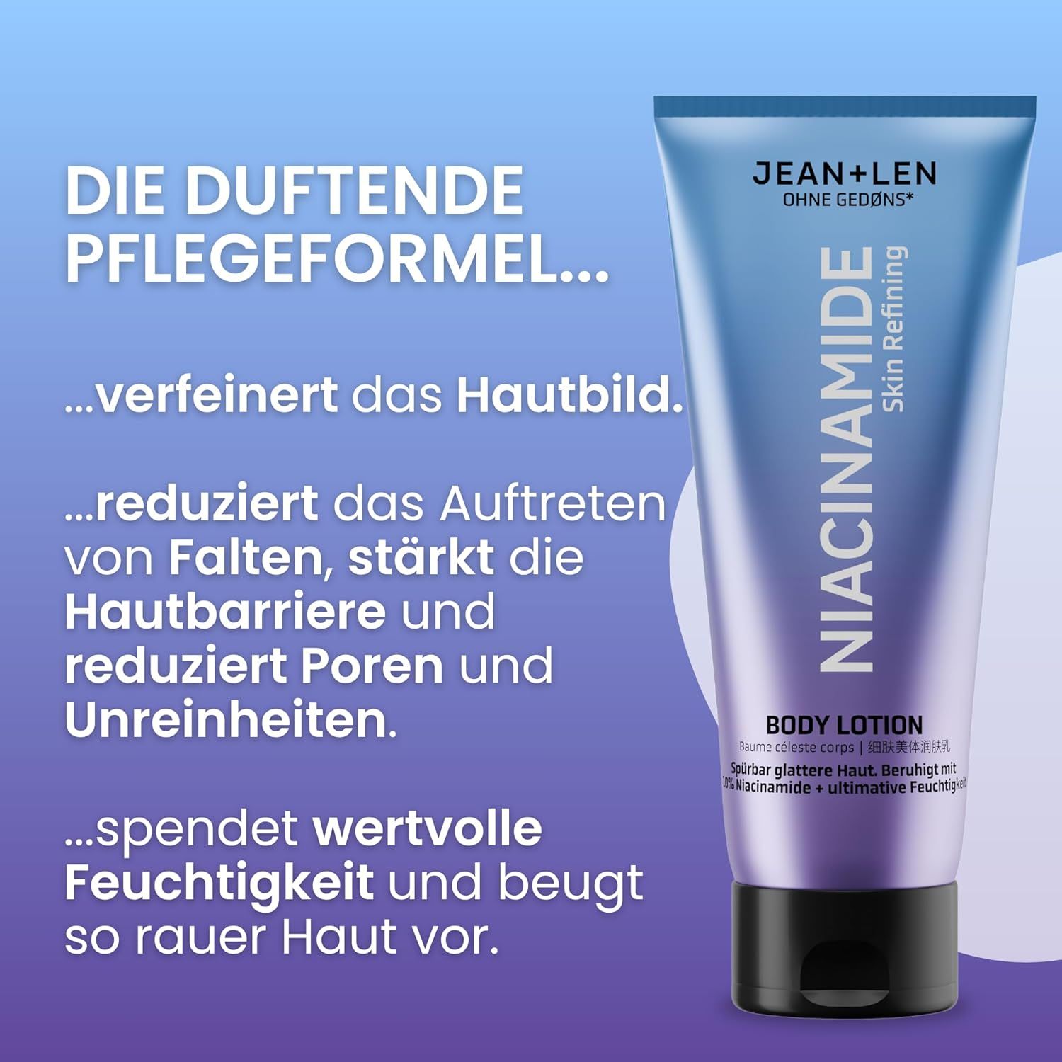 Blau-weiße Tube mit Niacinamide Skin Refining. Text: Die duftende Pflegeformel...verfeinert das Hautbild...reduziert Falten...spendet Feuchtigkeit.