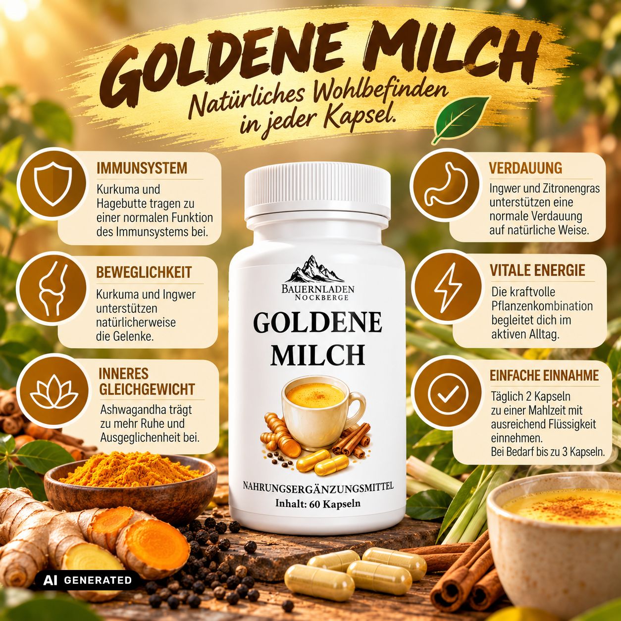 Flasche Goldene Milch Kapseln mit 60 Kapseln, mit Informationen zu Immunsystem und Verdauung.