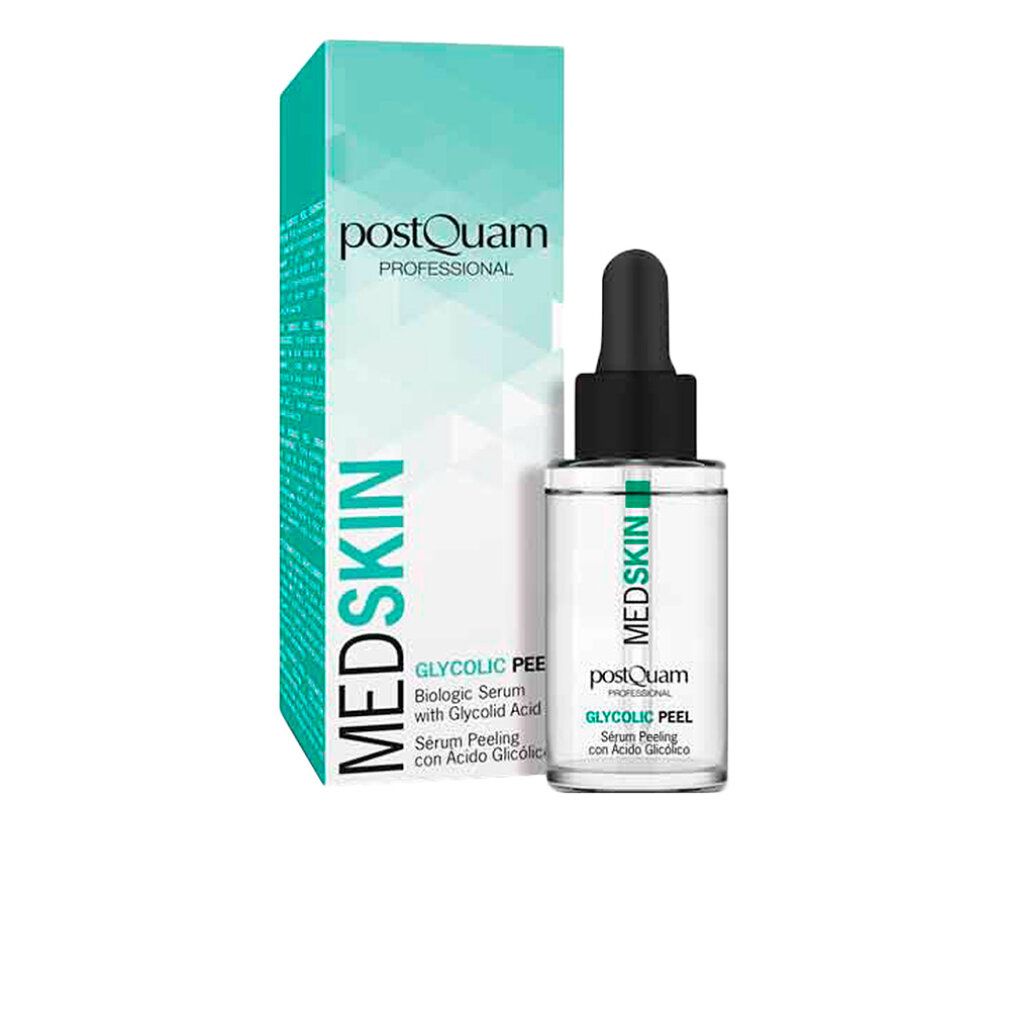 Postquam Med Skin Glycolic Peel Biologic Serum Flasche mit Pipette und Kartonverpackung.