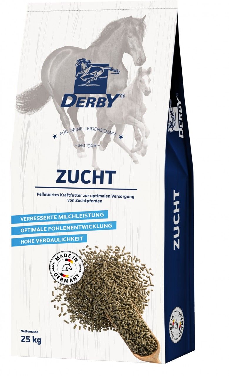 Pferdefutter-Beutel mit Derby-Logo und Produktname Zucht. Enthält Pellets. Aufschrift: Made in Germany. Nettomasse: 25 kg.
