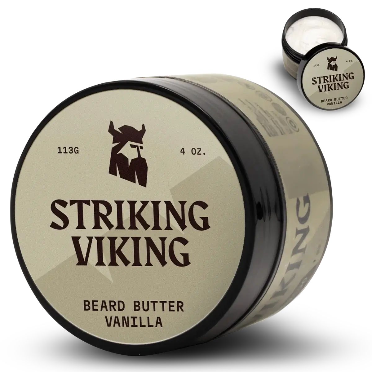 Runde Dose mit Bartbutter. Aufschrift: STRIKING VIKING, BEARD BUTTER VANILLA. Enthält 113g/4 oz. Deckel mit Logo und Produktbezeichnung.
