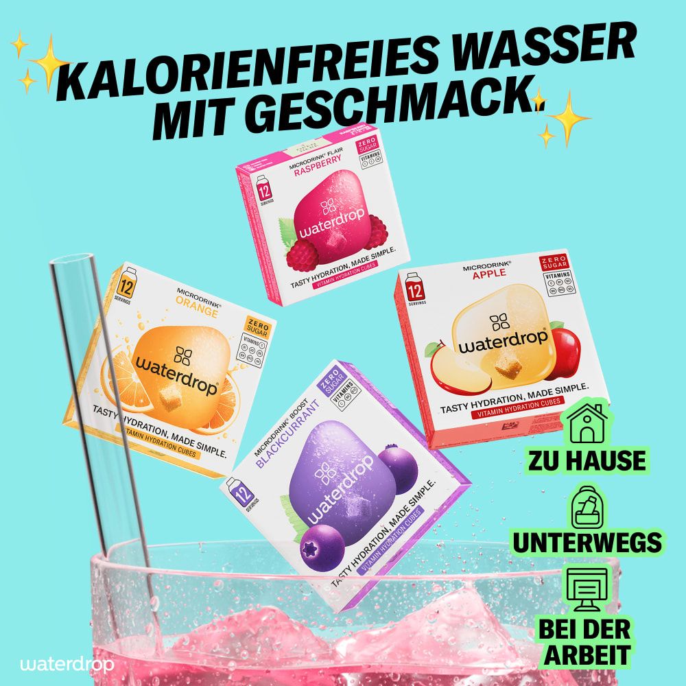 Glas mit rosa Flüssigkeit, Eiswürfel. Text: Kalorienfreies Wasser mit Geschmack. waterdrop® Microdrink: Orange, Himbeere, Schwarze Johannisbeere, Apfel. Zu Hause, unterwegs, bei der Arbeit.