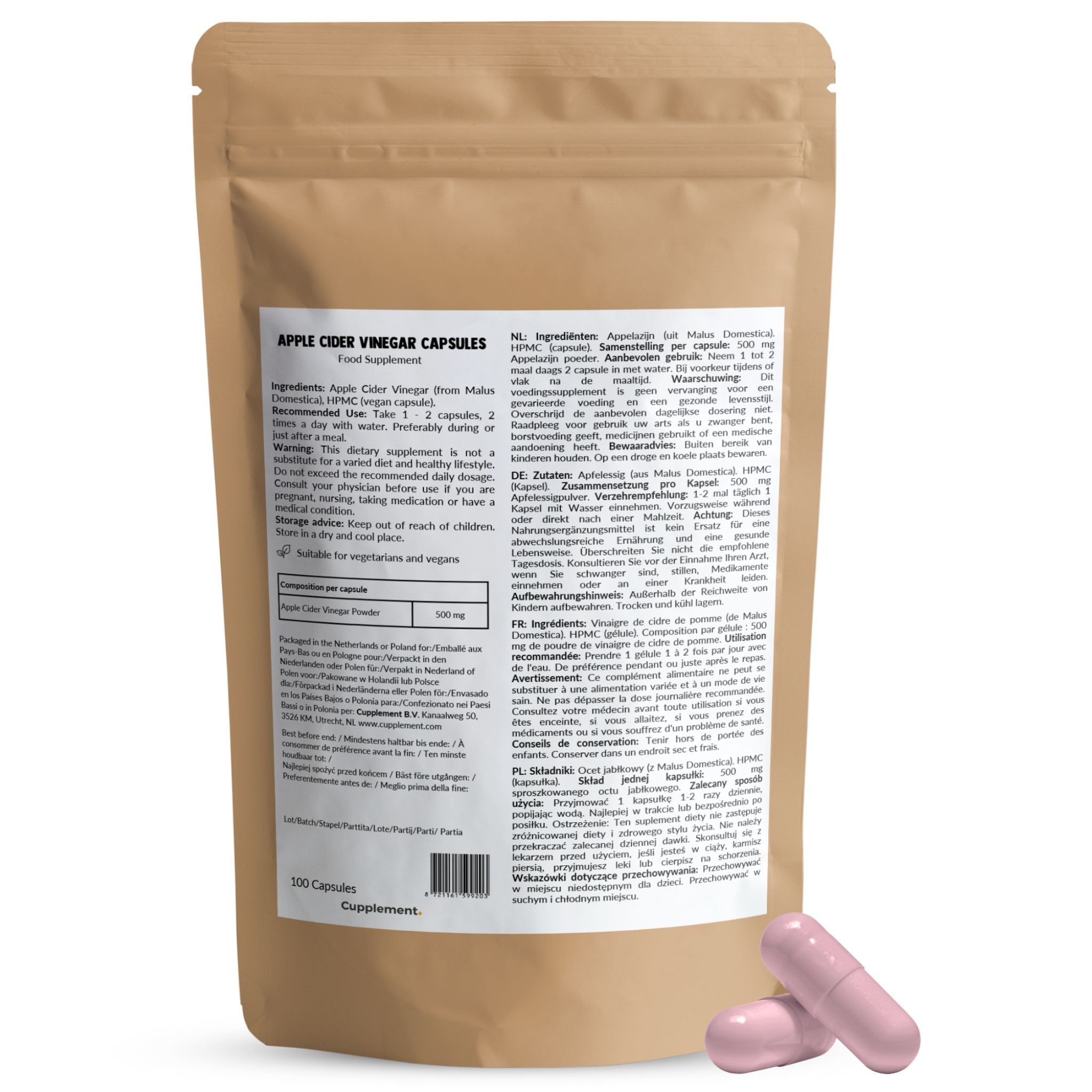Rückseite der Verpackung mit Text. Aufschrift: Apple Cider Vinegar Capsules. Zwei Kapseln liegen daneben.
