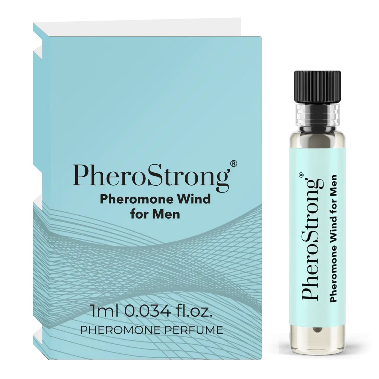 Flakon und Schachtel mit Produktaufschrift PheroStrong Pheromone Wind für Männer. Hellblauer Hintergrund.