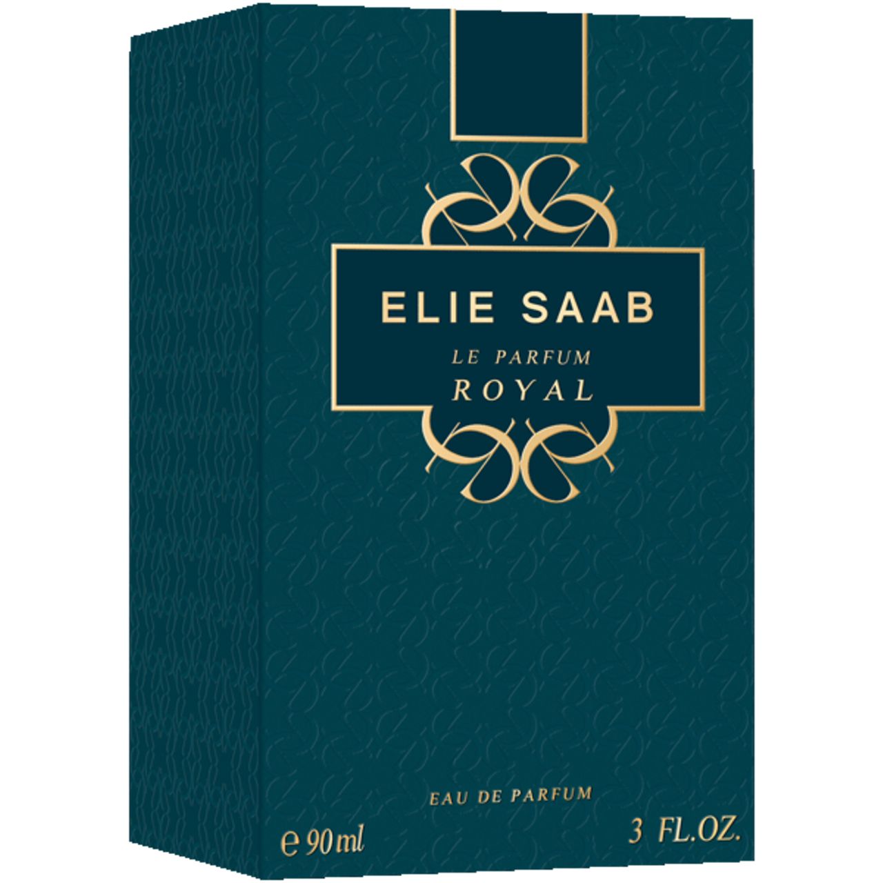 Blaue Schachtel mit goldener Aufschrift: ELIE SAAB, LE PARFUM ROYAL, 90 ml, 3 FL.OZ. Auf der Schachtel sind goldene Verzierungen zu sehen.
