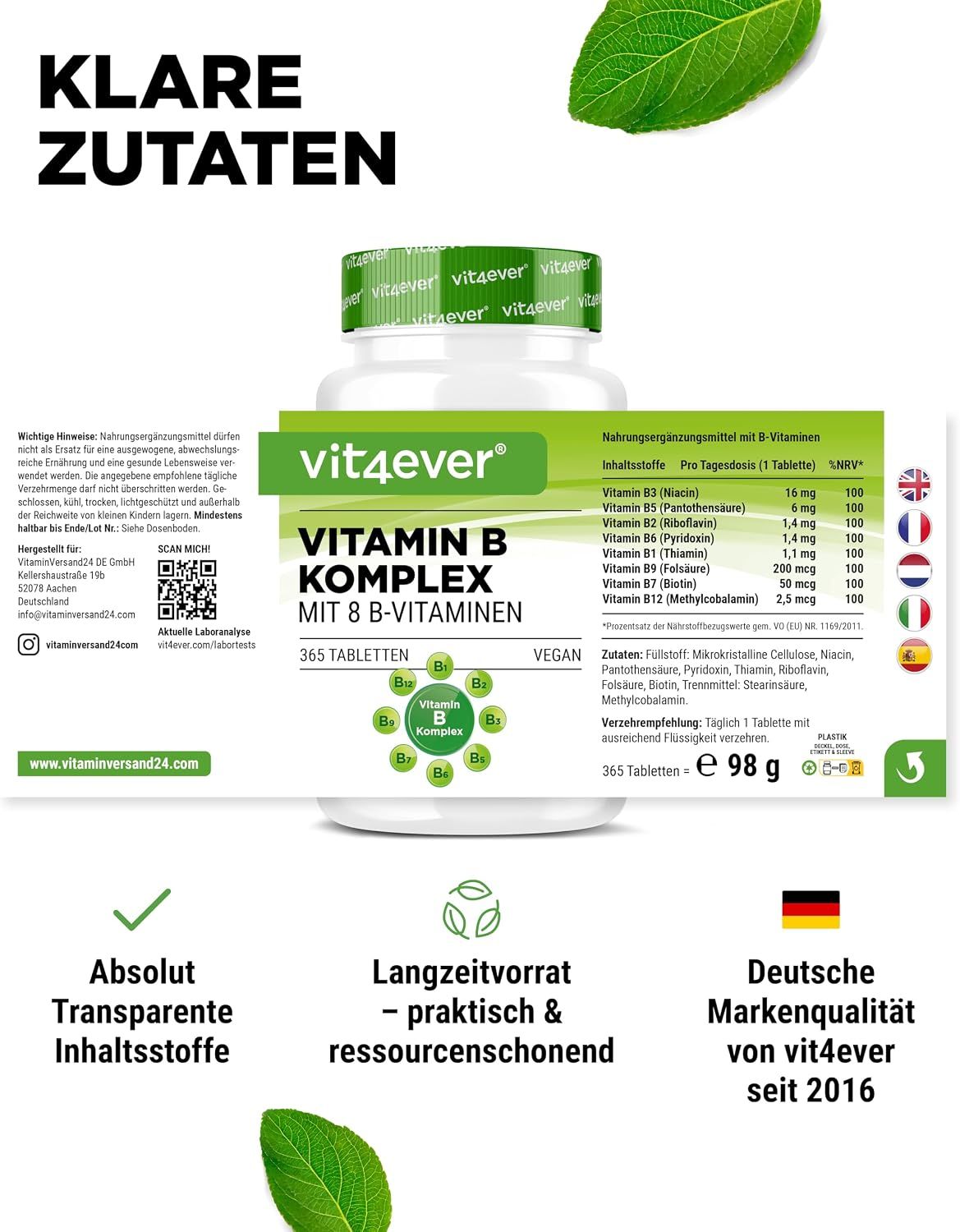Vit4ever Vitamin B Komplex: Zutatenübersicht mit Niacin, B1, B2, B3, B5, B6, B7, B9, B12.