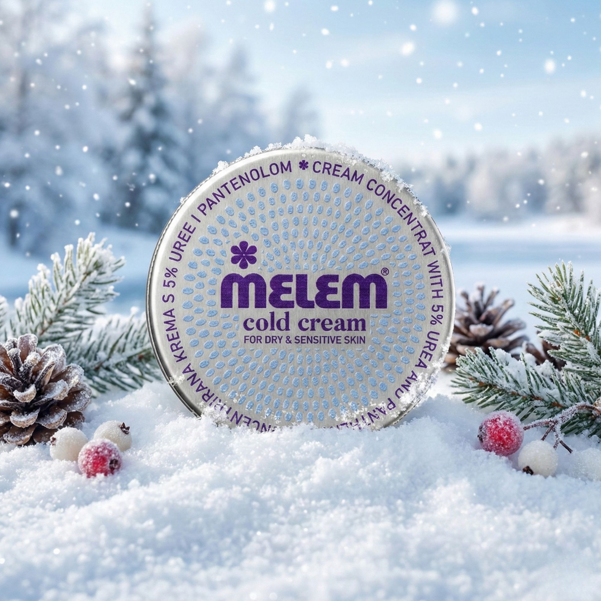 Runde Dose Melem Cold Cream im Schnee. Text: 5% Urea & Panthenol, Cream Concentrat, For Dry & Sensitive Skin.