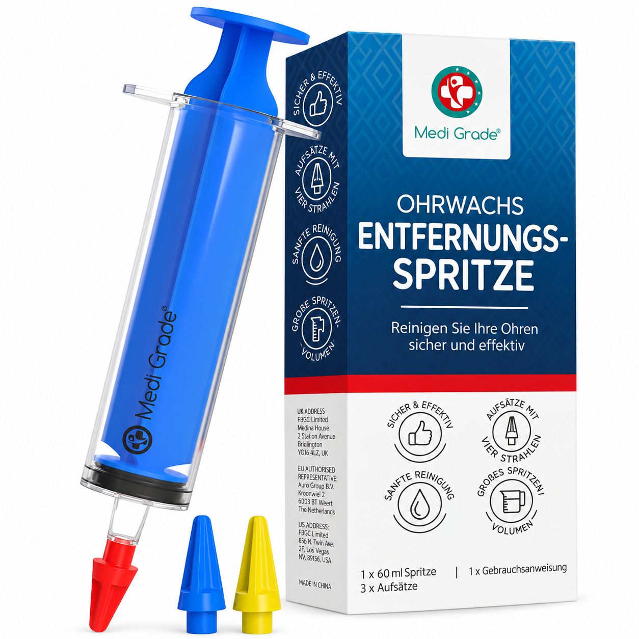 Medi Grade Ohrenschmalz-Entfernungsspritze mit drei Aufsätzen und Gebrauchsanweisung.