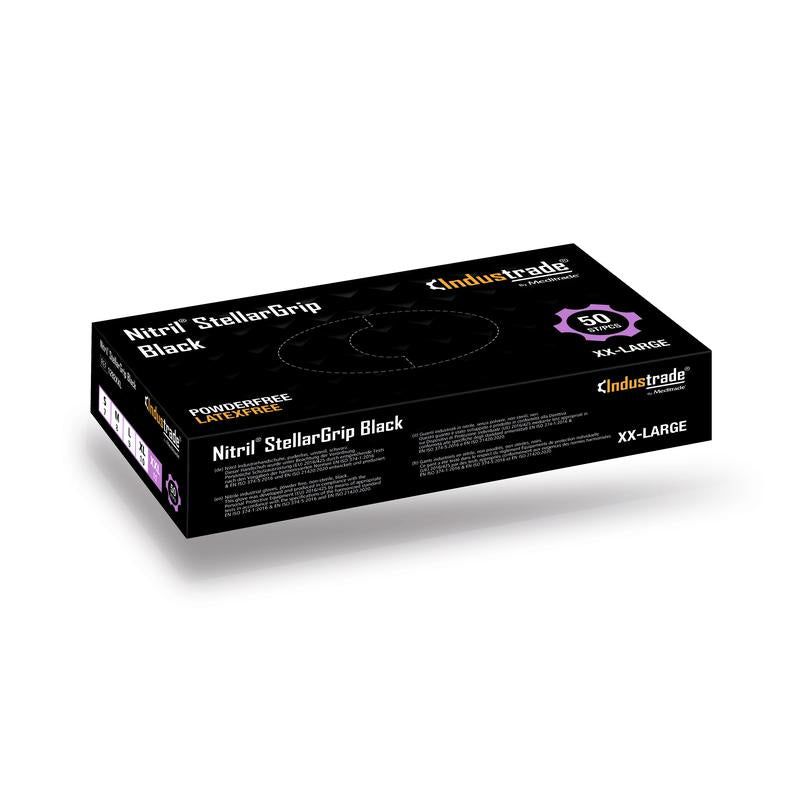 Schwarze Nitril StellarGrip Handschuhe in einer Schachtel. Größe XXL. 50 Stück. Marke Cindustrade. Latexfrei.