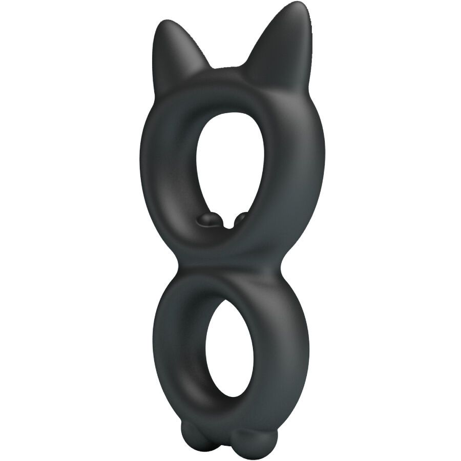 Schwarzer Doppel-Penisring mit Katzenohren-Design. Zwei Ringe verbunden, mit zwei kleinen Erhebungen.