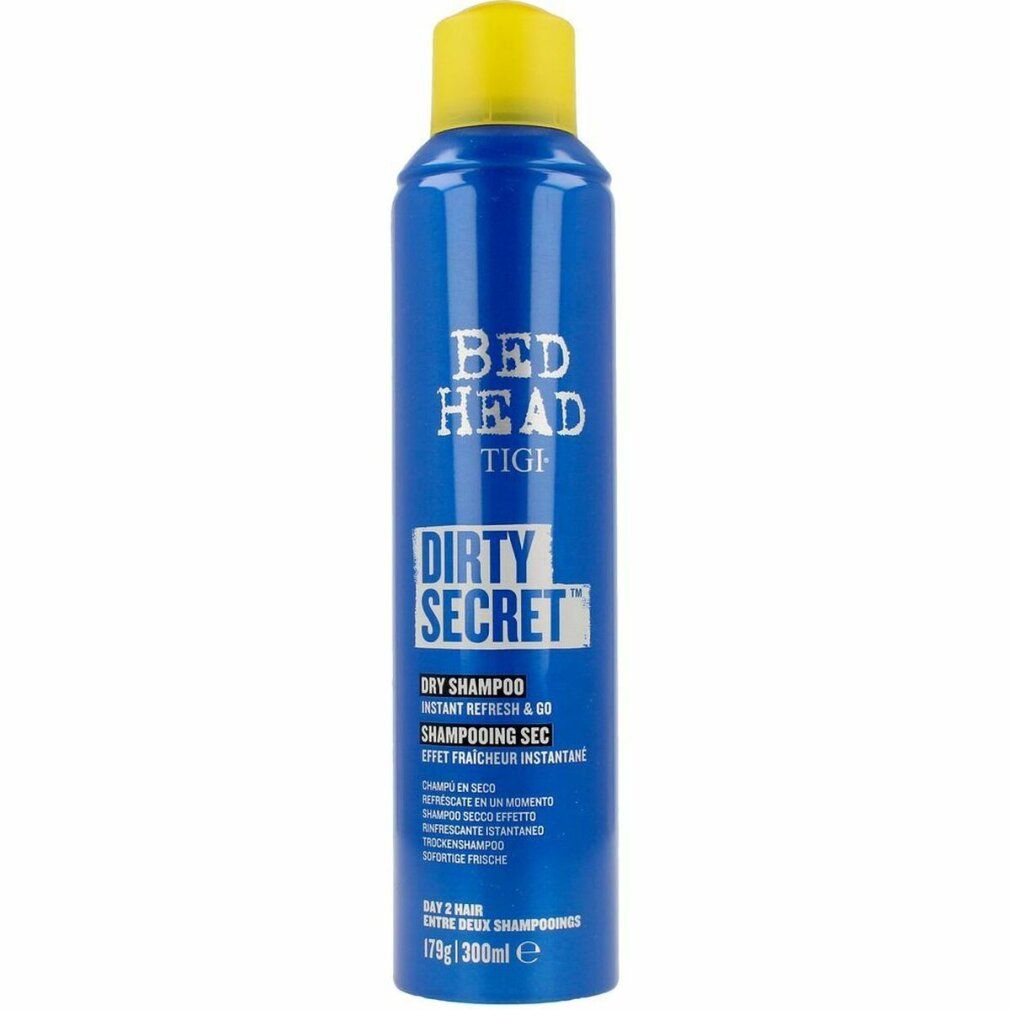 Blaue Sprühflasche mit gelbem Deckel. Aufschrift: Bed Head TIGI Dirty Secret Dry Shampoo. Text in mehreren Sprachen.