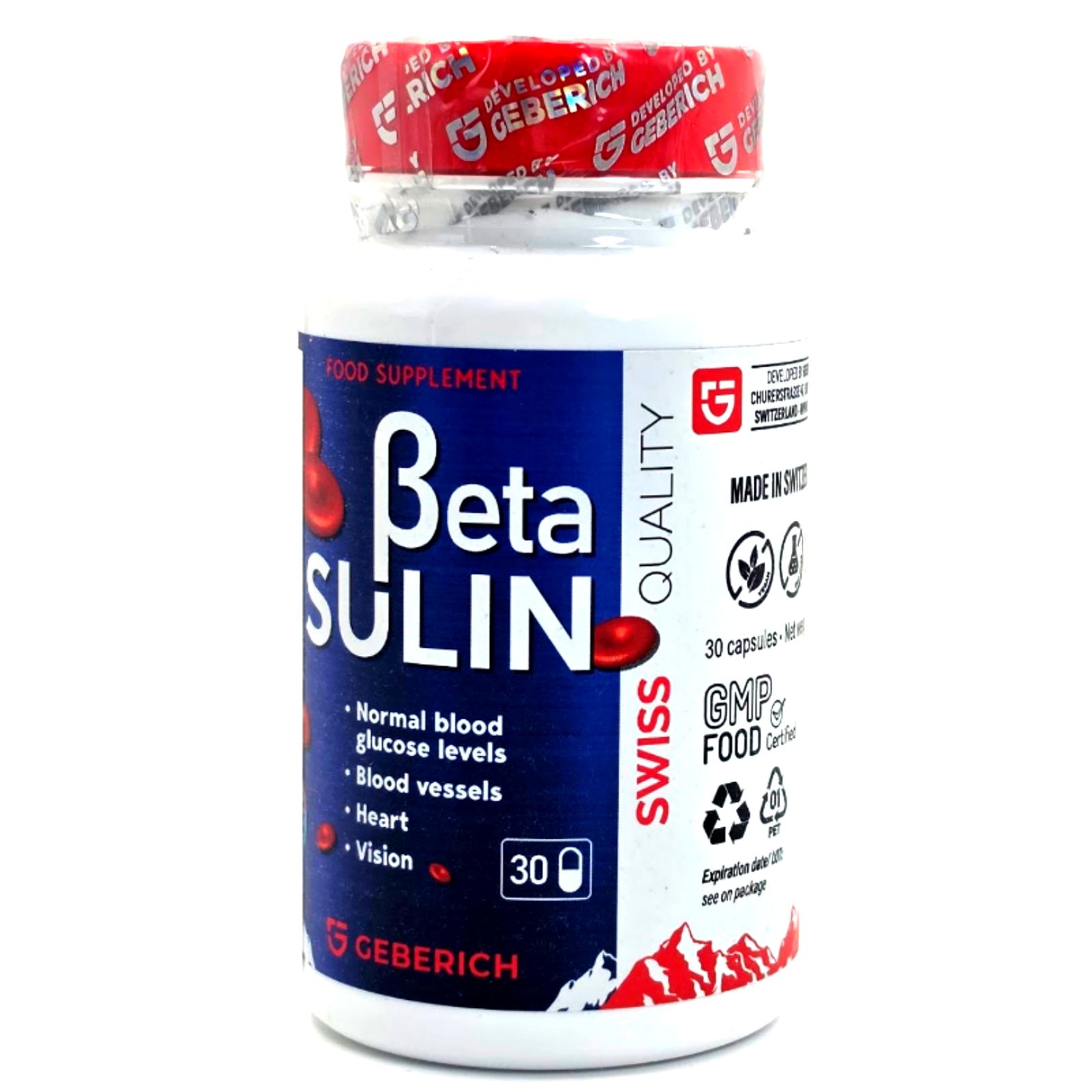 BetaSulin Kapselbehälter mit 30 Kapseln. Beschriftung: "Normal blood glucose levels, Blood vessels, Heart, Vision". Marke: Geberich. Hergestellt in der Schweiz.