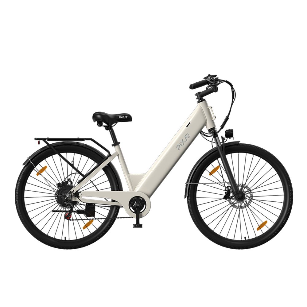 Elektrisches Stadtfahrrad, cremefarben, mit schwarzen Reifen und Details. PIXAR-Logo auf dem Rahmen. Gepäckträger und Schutzbleche.