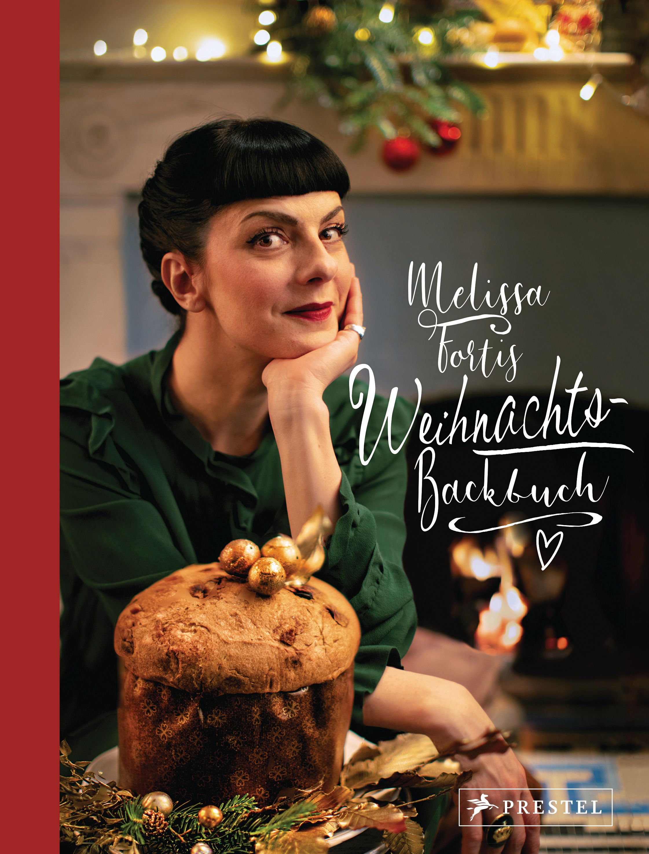 Buchcover mit Frau, Panettone und Schriftzug "Melissa Fortis Weihnachts-Backbuch". Verlag Prestel.