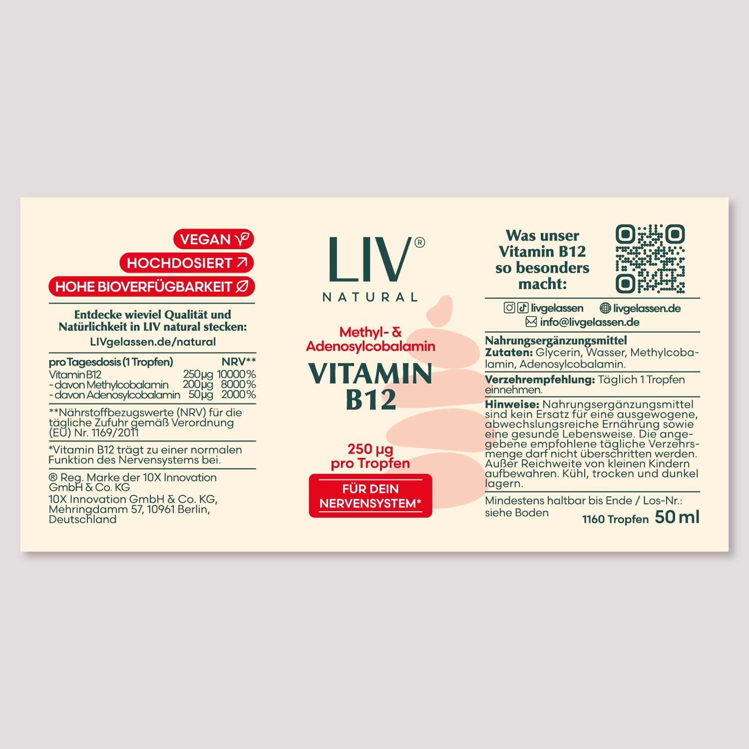 Etikett mit Informationen zu LIV Vitamin B12 Tropfen. Enthält Angaben zu Inhaltsstoffen, Dosierung und Hersteller.