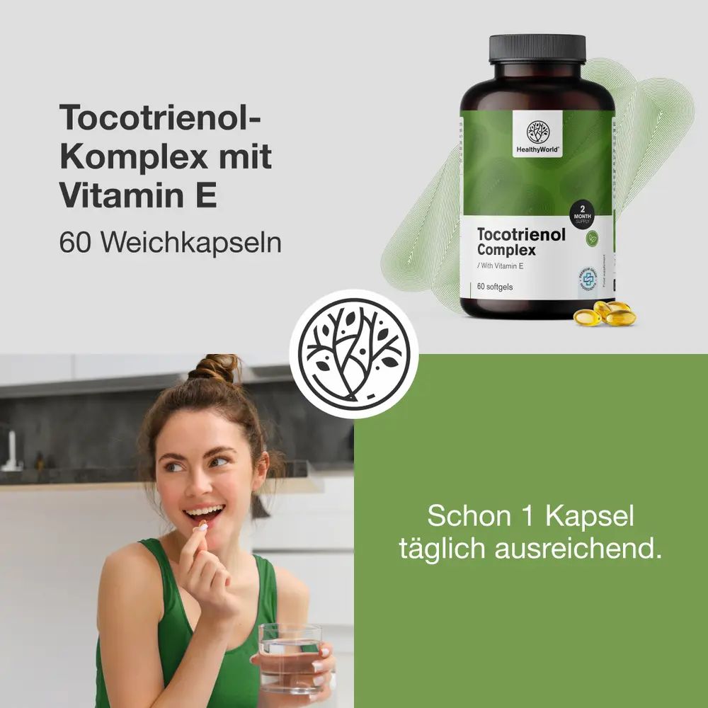 Frau nimmt HealthyWorld Tocotrienol Komplex mit Vitamin E, 60 Weichkapseln.