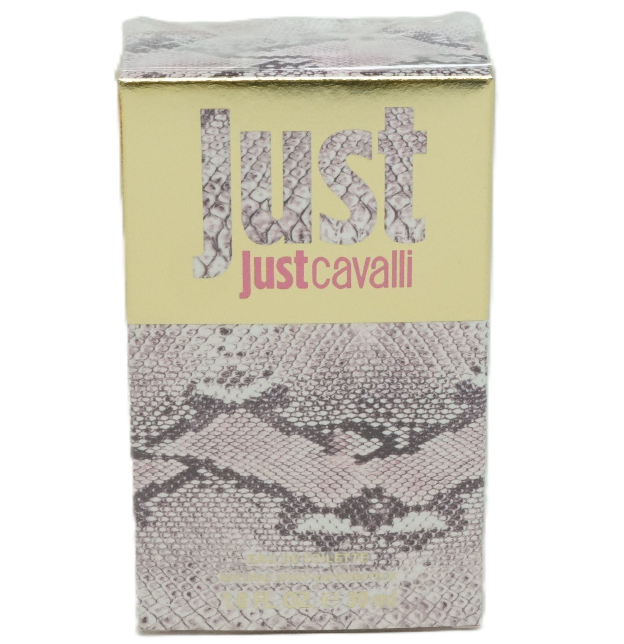Verpackung mit Aufschrift "Just Justcavalli". Gelber Hintergrund, Schlangenmuster und Produktnamen.