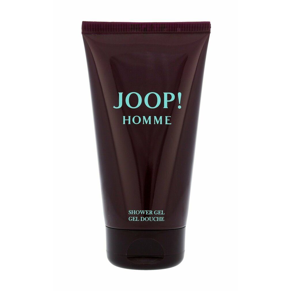 Dunkelrote Tube mit türkisfarbenem JOOP! HOMME-Schriftzug. Unterhalb steht "SHOWER GEL GEL DOUCHE".