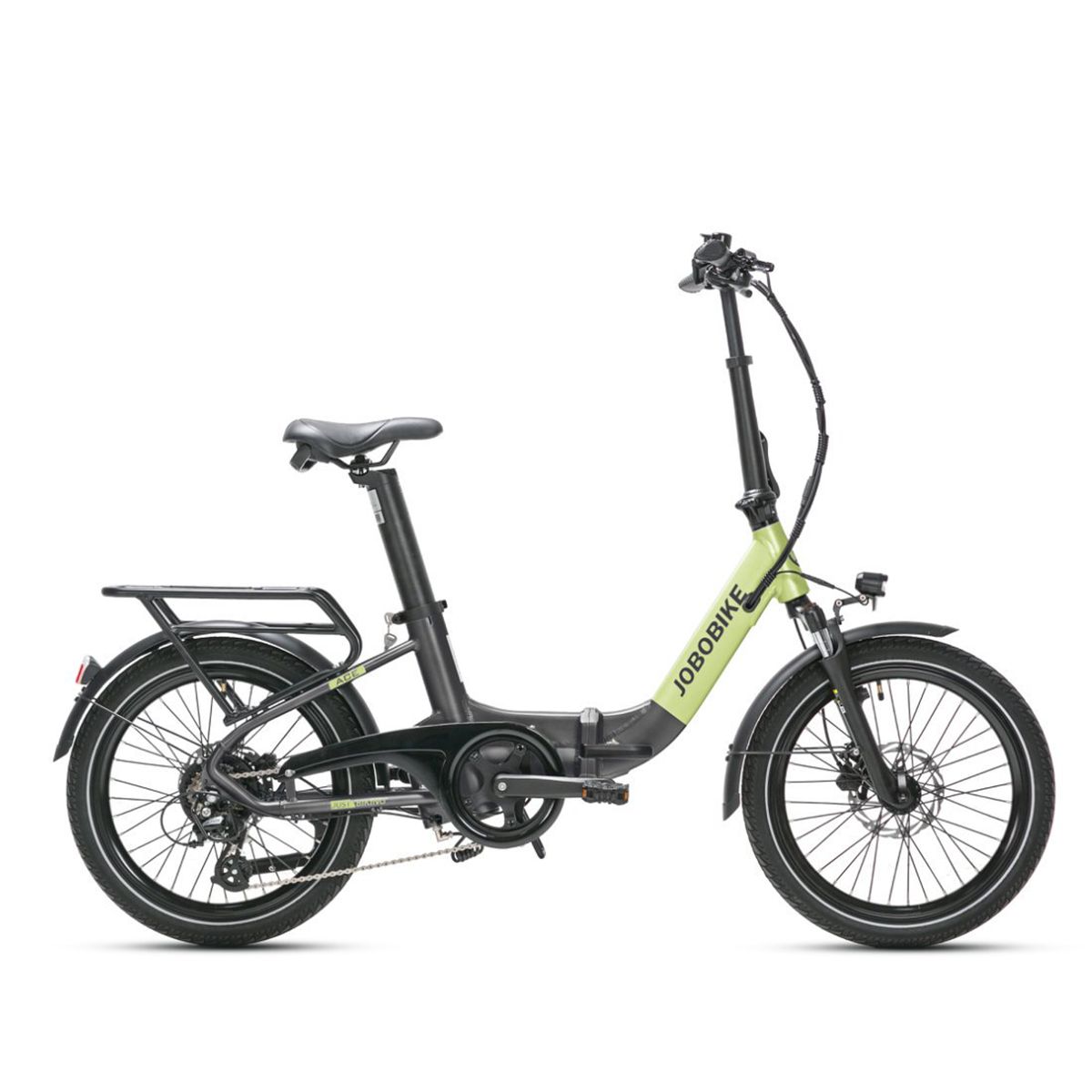 Faltbares E-Bike, grün-schwarz. JOBOBIKE-Logo. Gepäckträger, Schutzbleche. Seitenansicht.