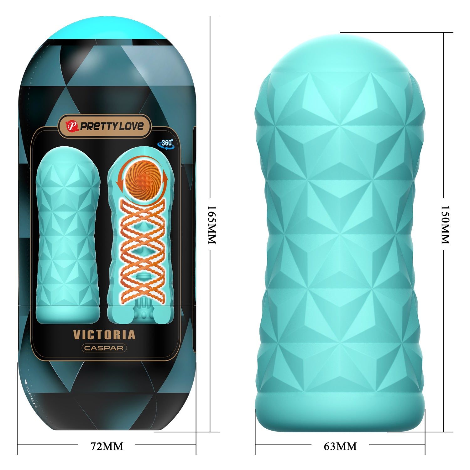 Verpackung mit Produktabbildung und Maßen. Aufschrift: PRETTY LOVE, VICTORIA CASPAR. Daneben das Produkt.