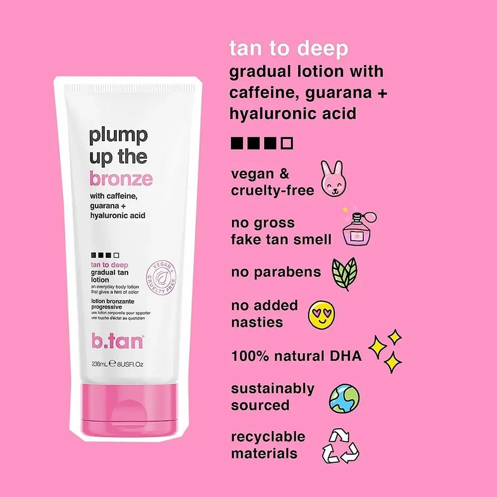 Weiße Tube mit rosa Verschluss, 'plump up the bronze' Lotion mit Koffein, Guarana, Hyaluronsäure. 200ml.