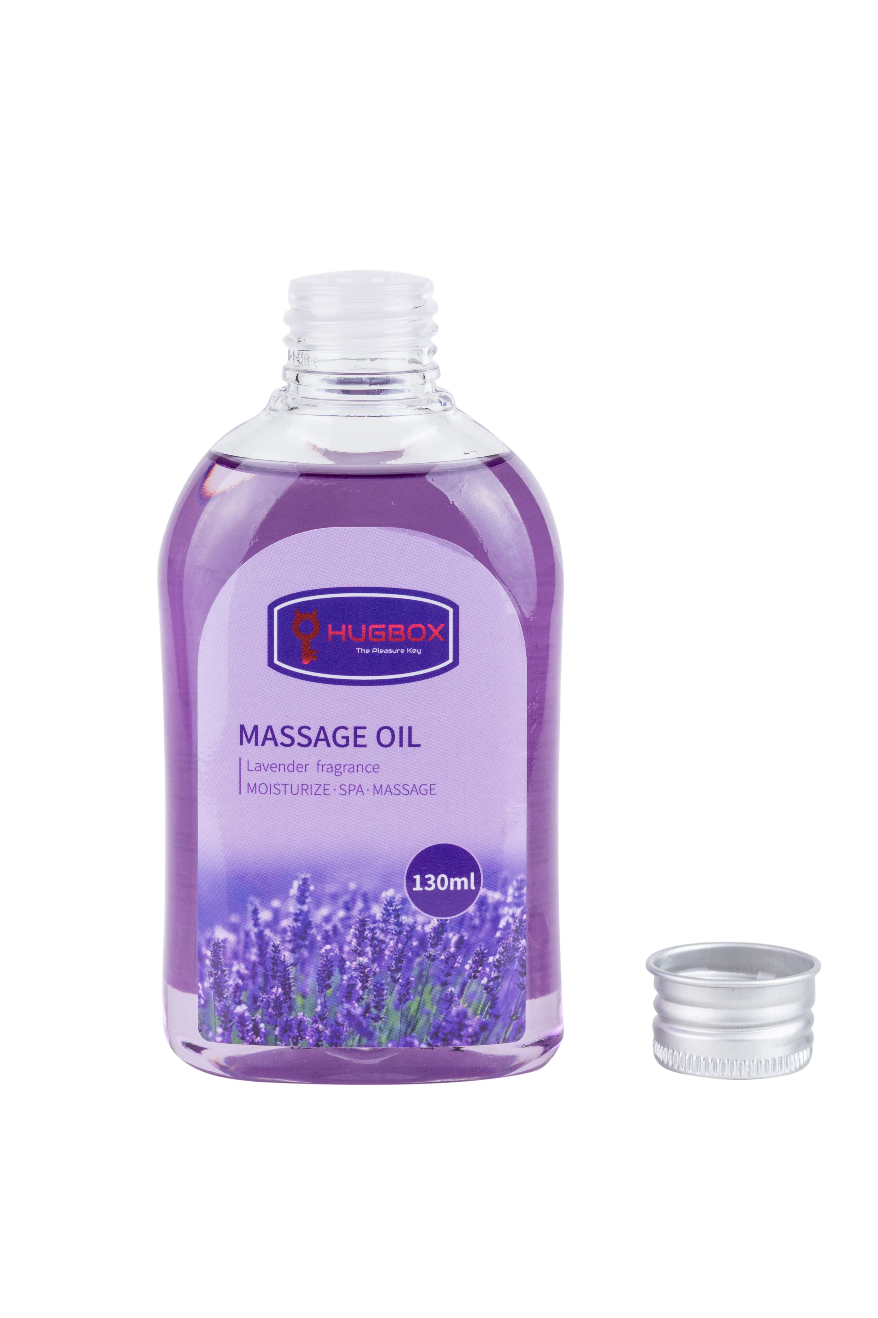 Flasche HUGBOX Massageöl, Lavendelduft. Violette Flüssigkeit, silberner Verschluss daneben. Text: 130ml.