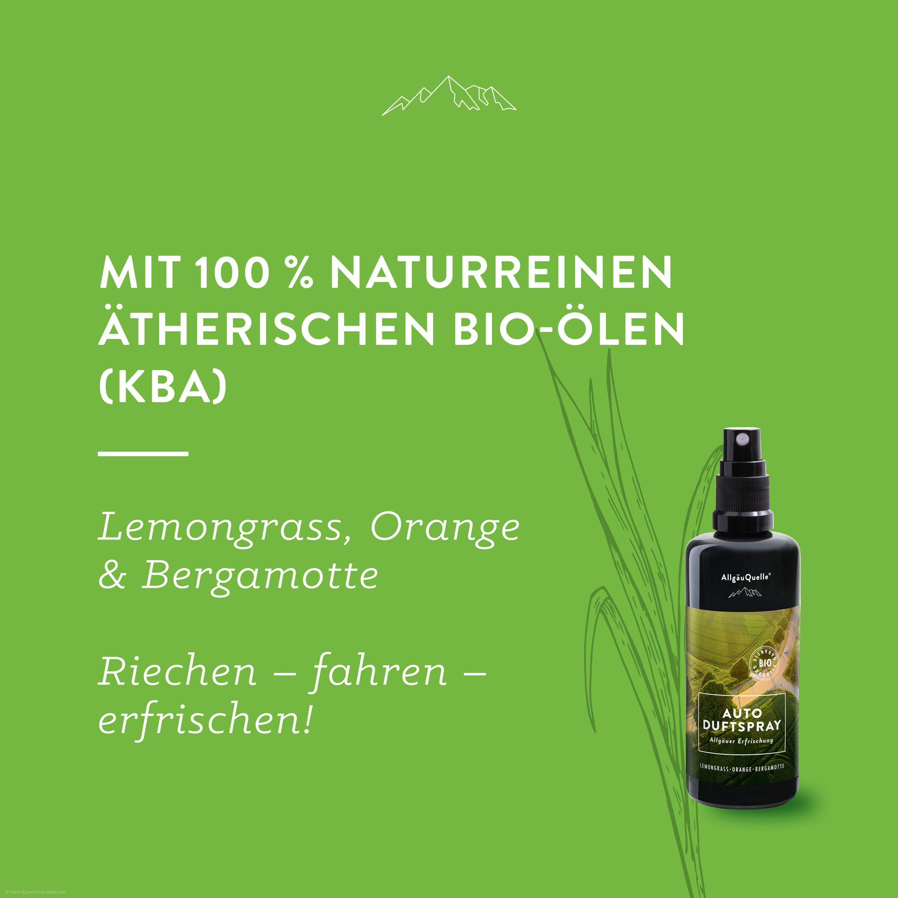 Grüner Hintergrund mit Text: 100% naturreine ätherische Bio-Öle (KBA). Lemongrass, Orange & Bergamotte. Riechen - fahren - erfrischen!