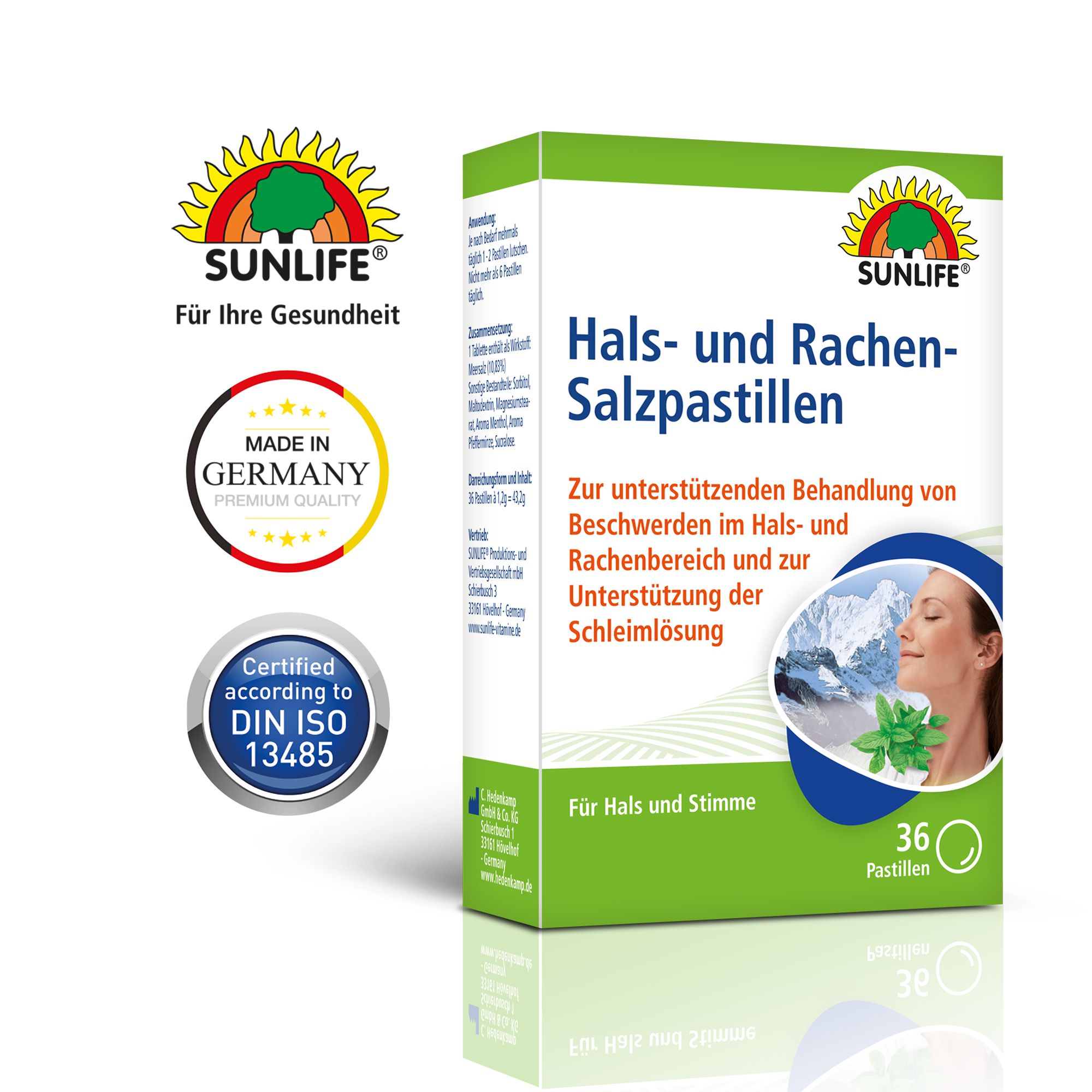 Verpackung von Sunlife Hals- und Rachen-Salzpastillen. 36 Pastillen. Mit Logo, Zertifizierungen und 'Made in Germany'.