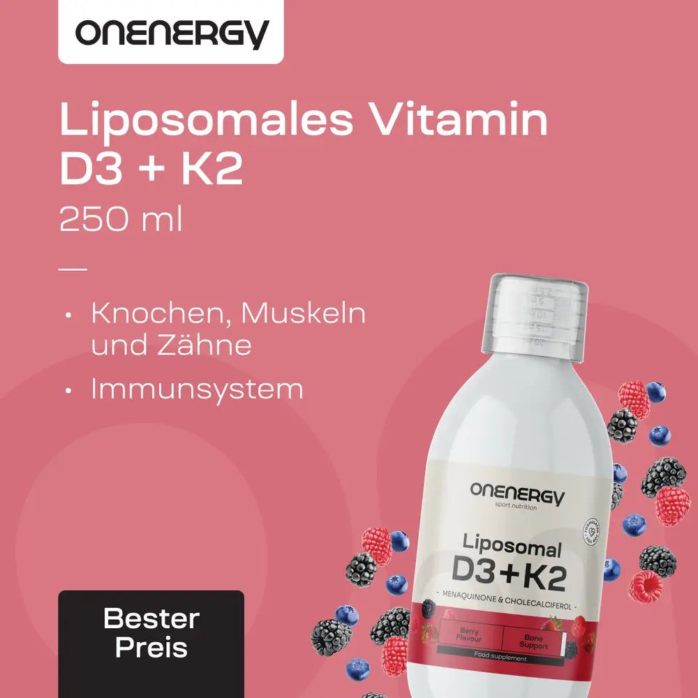 Flasche OnEnergy Liposomales Vitamin D3 + K2, 250 ml. Aufschrift: Knochen, Muskeln, Zähne, Immunsystem. Beeren-Illustrationen.