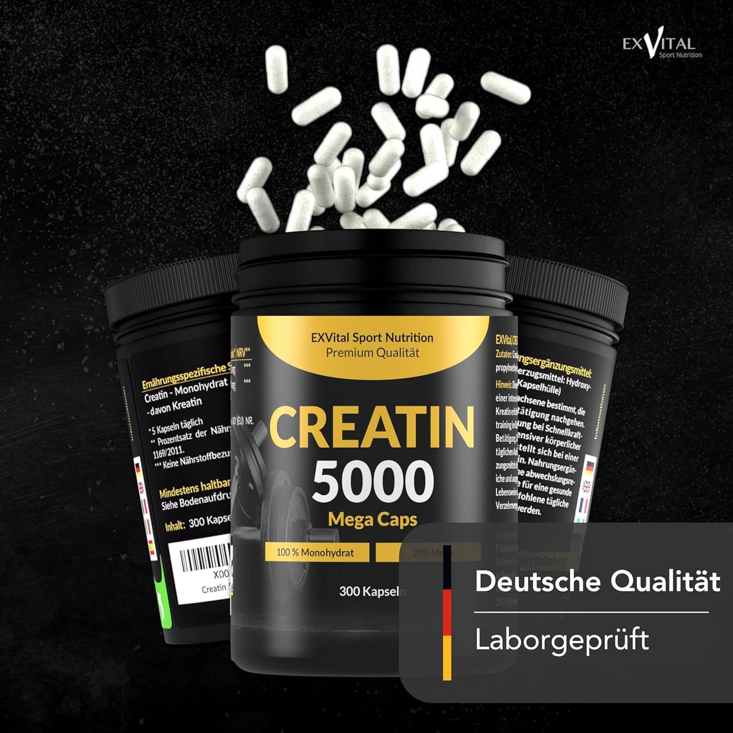 Drei schwarze Dosen mit gelbem Etikett, CREATIN 5000 Mega Caps, 300 Kapseln. Weiße Kapseln fallen. Text: Deutsche Qualität, Laborgeprüft. EXVital.