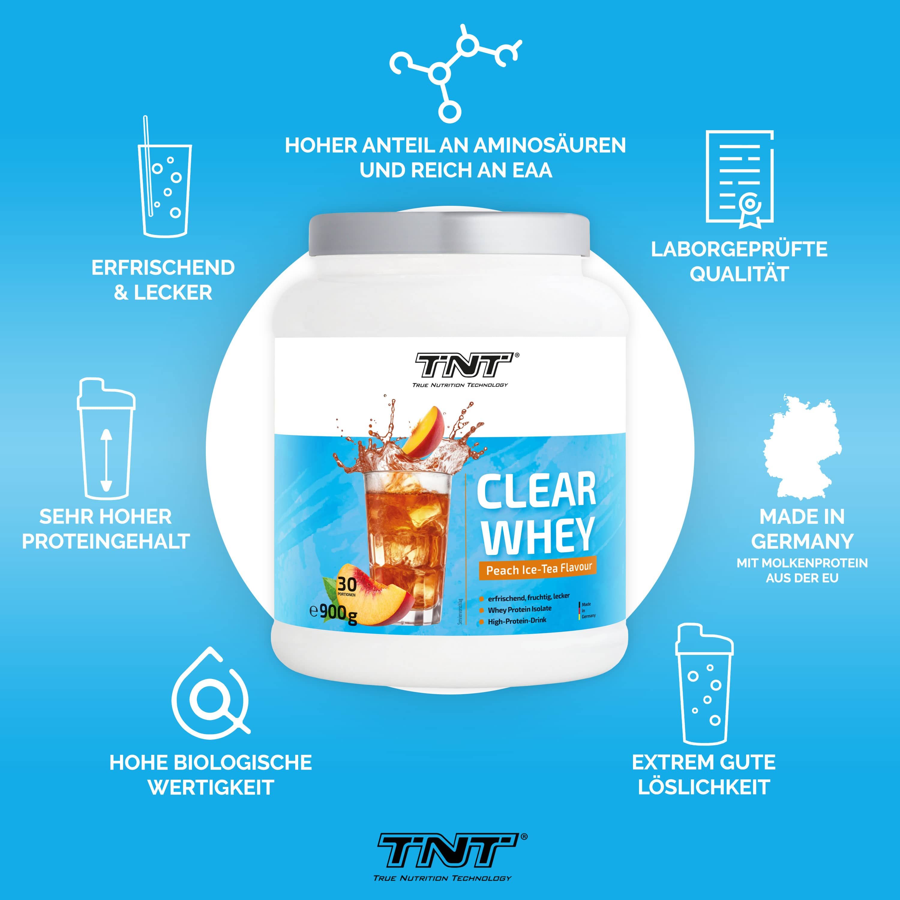 Weiße Dose TNT Clear Whey mit Infografik. Aufschrift: Clear Whey, Peach Ice-Tea Flavour. Logos und Icons um Dose.