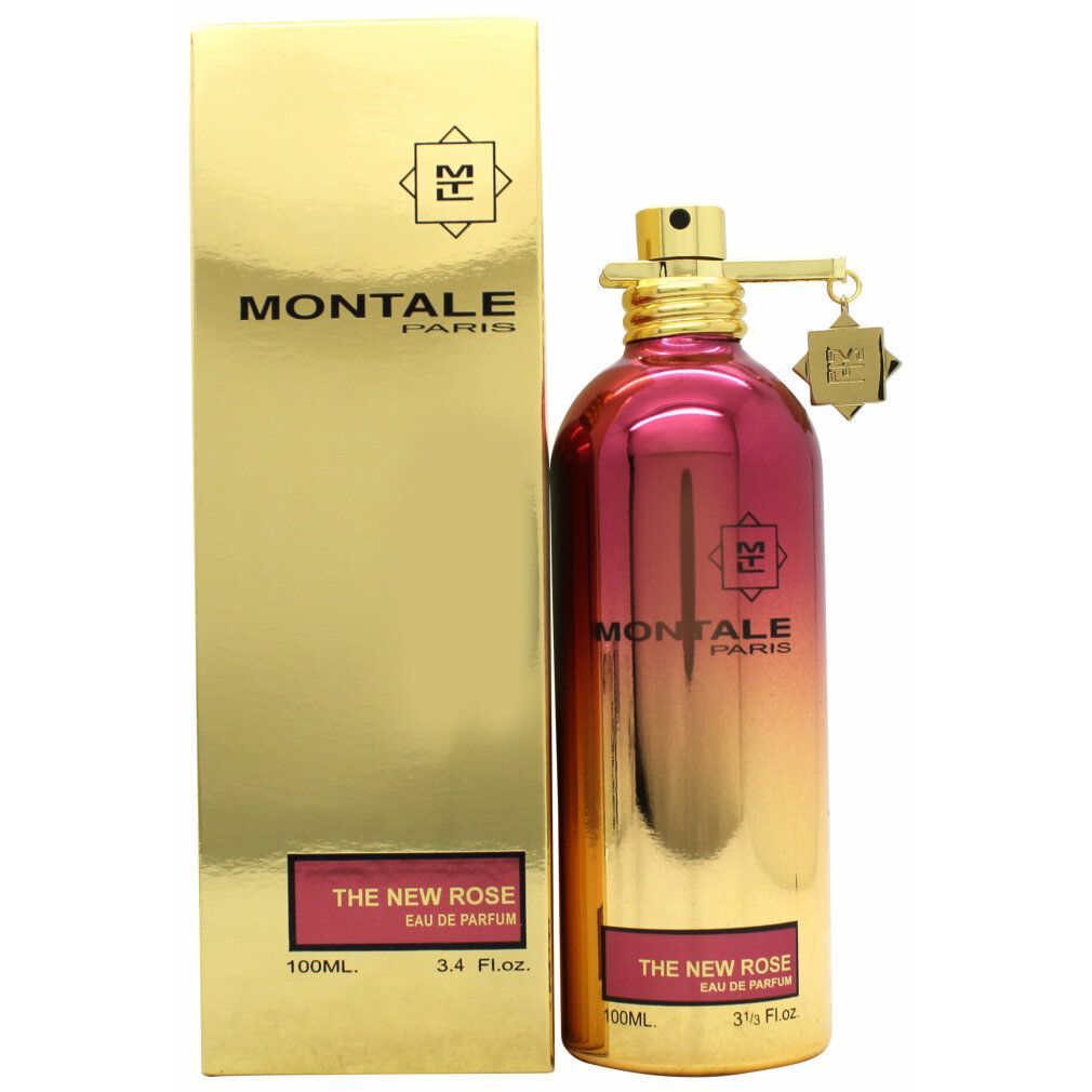 Parfümflasche und Schachtel. Goldfarbene Flasche mit rosa-goldfarbenem Farbverlauf. Aufschrift: Montale Paris, The New Rose.